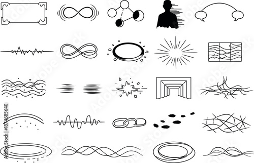 Image Generation. Line vector icons of forum hauntology: spectral interface frame, looping echo mark, fading presence nodes,