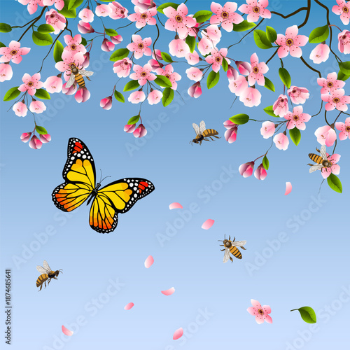 We welcome spring with cherry blossoms and butterflies.Illustration with cherry blossom and butterfly.
