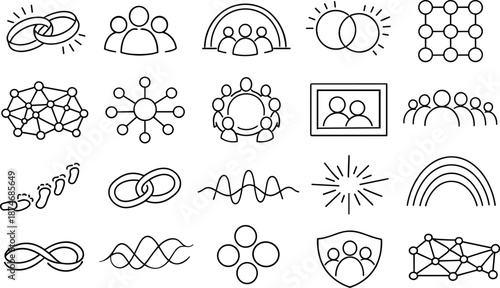 Image Generation. Line vector icons of communal digital presence: shared aura ring, cluster of silhouettes, unity arc, mutual glow