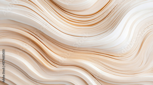 Abstract, flowing, textured surface with warm, light colors, resembling layered wood grain or smooth, undulating waves of cream and tan, creating serene and organic visual experience.