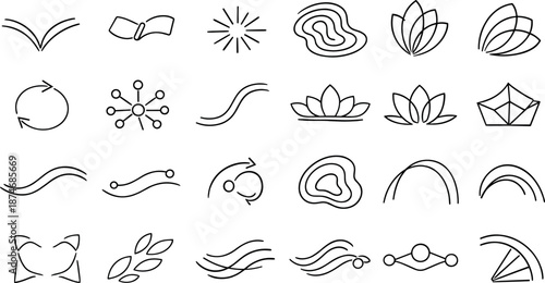 Image Generation. Line vector icons of organic interface motions: soft unfold arc, smooth hinge icon, radial growth, organic