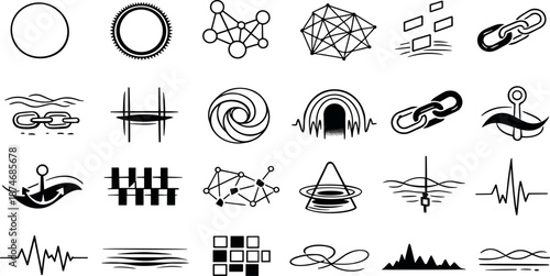Image Generation. Line vector icons of abstract deep-web symbolism: void circle, gateway ring, hidden node cluster, spectral mesh,