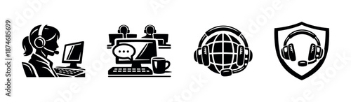 Customer support vector icons set: call center, hotline, helpline symbols