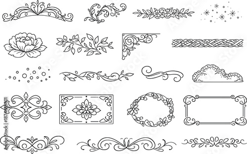 Decorative Vector Icons. Line vector icons of decorative digital patina: soft filigree arc, ornamental moss curl, botanical lace
