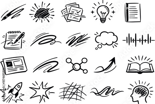 Enthusiastic Writing Icons. Line vector icons of writing enthusiasm: energetic pen stroke, bold scribble burst, rapid-note cluster