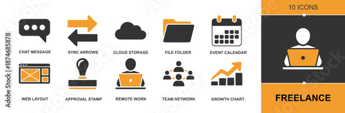 Freelance icon set. Containing chat message, sync arrows, cloud storage, file folder, event calendar, web layout, approval stamp, remote work, team networks, growth chart and more. Solid vector icons