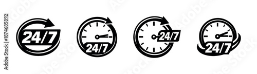24/7 vector icons set of clocks. continuous service, round-the-clock availability symbols
