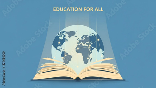Education for all global concept with open book and world map