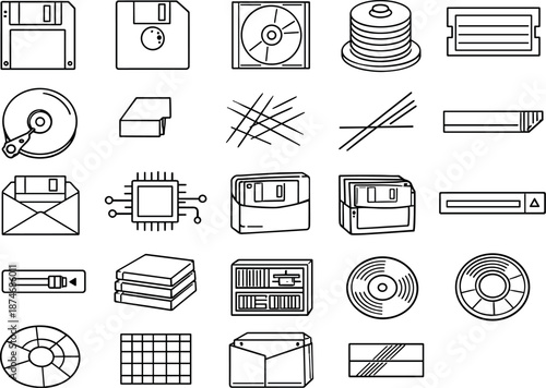 Image Generation. Line vector icons of retro storage media: 3.5'' floppy outline, 5.25'' disk arc, jewel-case tile, CD spindle