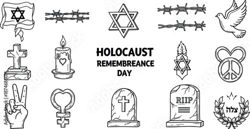 Holocaust remembrance day symbols including Star of David barbed wire candle and dove
