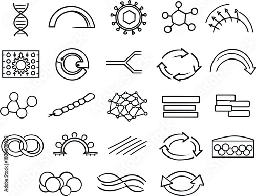 Image Generation. Line vector icons of replication processes: genome strand line, uncoating arc, template-copy bar, assembly