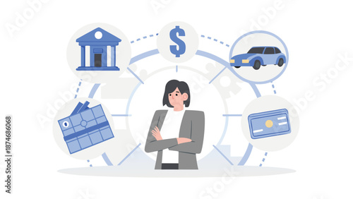 Businesswoman surrounded by financial symbols and icons representing money banking and commerce in a modern composition