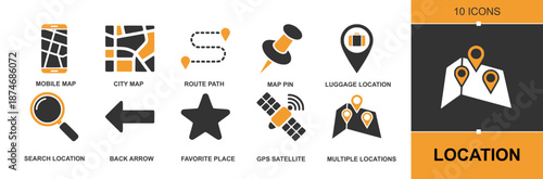 Location icon set. Containing mobile map, city map, route path, map pins, luggage location, search location, favorite places, GPS satellite, multiple locations, map marker and more. Solid vector icons
