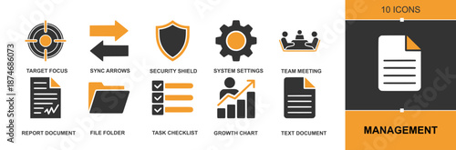 Management icon set. Containing target focus, sync arrows, security shield, system settings, team meeting, documents, file folder, task checklist, growth chart, text files and more. Solid vector icons