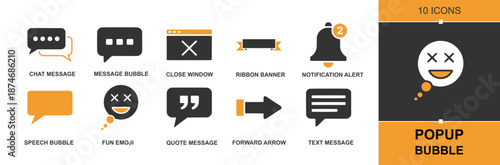 Popup bubble icon set. Containing chat message, message bubble, speech balloon, quote, fun emoji, close window, ribbon banner, notification, forward arrow and more. Solid vector icons for UI and apps