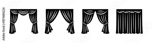 Curtain designs vector icons set: drapery, theater, stage decor silhouettes