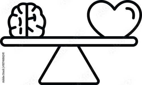 Brain and heart symbols balancing a seesaw, representing logic versus emotion