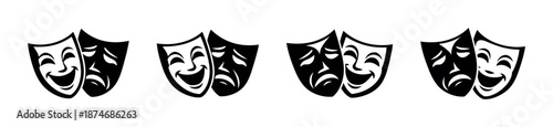 Theatre masks vector icons set. comedy and tragedy masks. drama symbols.