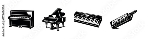 Musical instruments vector icons set: piano, keyboard, synthesizer symbols