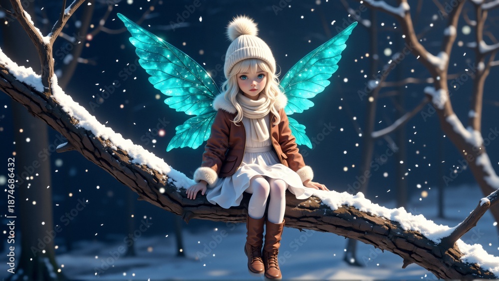 Fototapeta premium young girl sitting tree branch snowy forest she wearing white hat pom pom top brown jacket white dress brown boots she has long blonde hair blue fairy wings spread out behind her tree branch covered