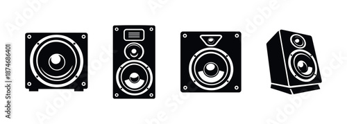 Speaker vector icons set, audio equipment symbols, sound system flat designs