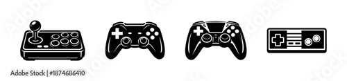 Gaming controllers vector icons set: joystick, gamepad, console designs