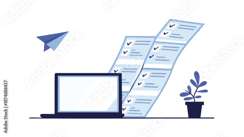 Laptop with checklist and plant on desk symbolizing organization and productivity in a modern workspace with a paper airplane flying by