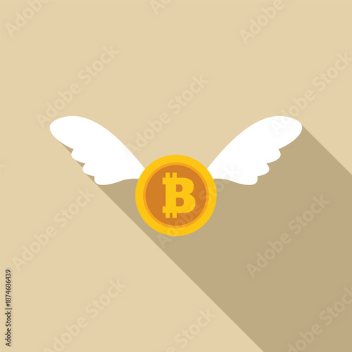 Bitcoin coin with wings flying, representing cryptocurrency value fluctuation and financial market volatility