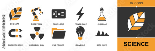 Science icon set. Containing ecology leaf, robot arm, code logic, power bolt, chemical lab, magnet force, radiation sign, file folder, idea bulb, data wave, research tools and more. Solid vector icons