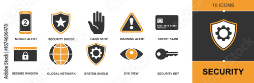 Security icon set. Containing mobile alerts, security badge, hand stop sign, warning alert, card, secure window, global network, system shield, data eye view, security key and more. Solid vector icons