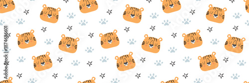 Cute tiger pattern with baby animals in seamless cartoon design. Perfect for kids fabric, safari prints, and childish jungle themed backgrounds with happy characters.