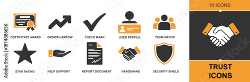 Trust icon set. Containing certificate award, growth arrow, tick, verified profile, team groups, star rating, customer support, report document, handshake, security shield and more. Solid vector icons