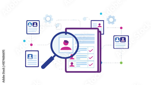 Resume screening process with magnifying glass on a tablet displaying candidate profiles and checklists