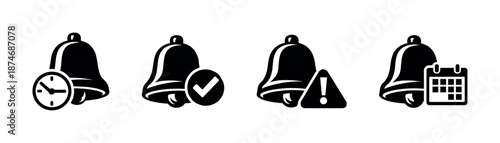 Alarm and notification vector icons set with bell symbols, alert, reminder designs