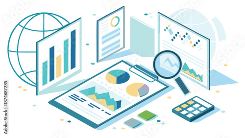 Isometric analytics workspace with angled dashboard graphs charts and magnifying glass on white background for business analysis and data visualization