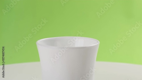 Aromatic freshly roasted coffee beans are poured into a white coffee cup on a green background.