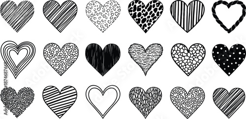 Variety of Hand- Drawn Heart Shapes with Different Patterns hearts love