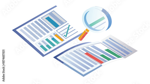 Wallpaper Mural Analytical documents and magnifying glass on a white background top down view colorful bar graphs and charts detailed data analysis Torontodigital.ca