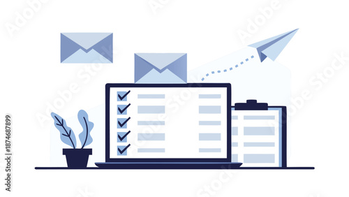 Stylish laptop centered on workspace with checklist documents and envelopes in a modern office setup