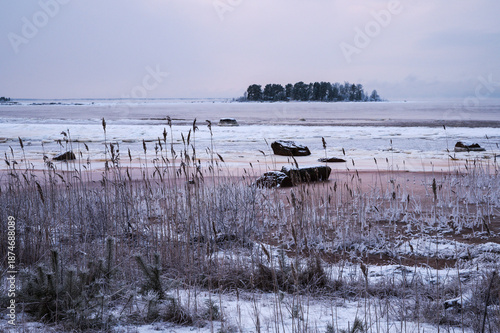 Beach and ocean in winter. Fäboda, Finland