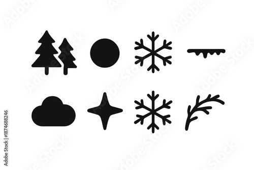 Winter Icon Set. Winter glow woodland. Filled icon set of Winter glow woodland: pine cluster, glow dot,
