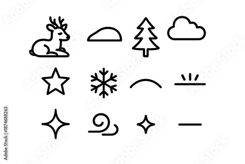Resting Reindeer Icons. Resting reindeer scene. Line outline icon set of resting reindeer scene: reindeer,