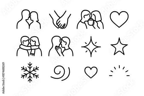 Cozy Moments Icons. Cozy couple moments. Line outline icon set of cozy couple moments: couple silhouette,