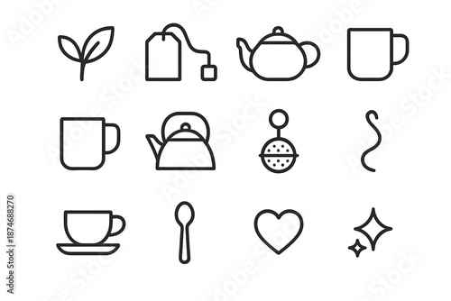 Tea Essentials Icons. Tea essentials. Line outline icon set of tea essentials: tea leaf, tea bag, teapot, mug,