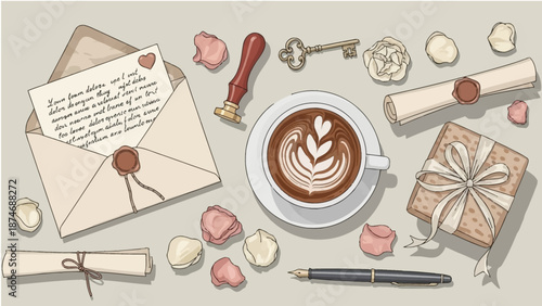Cozy morning with coffee, love letters, and gifts, perfect for romance