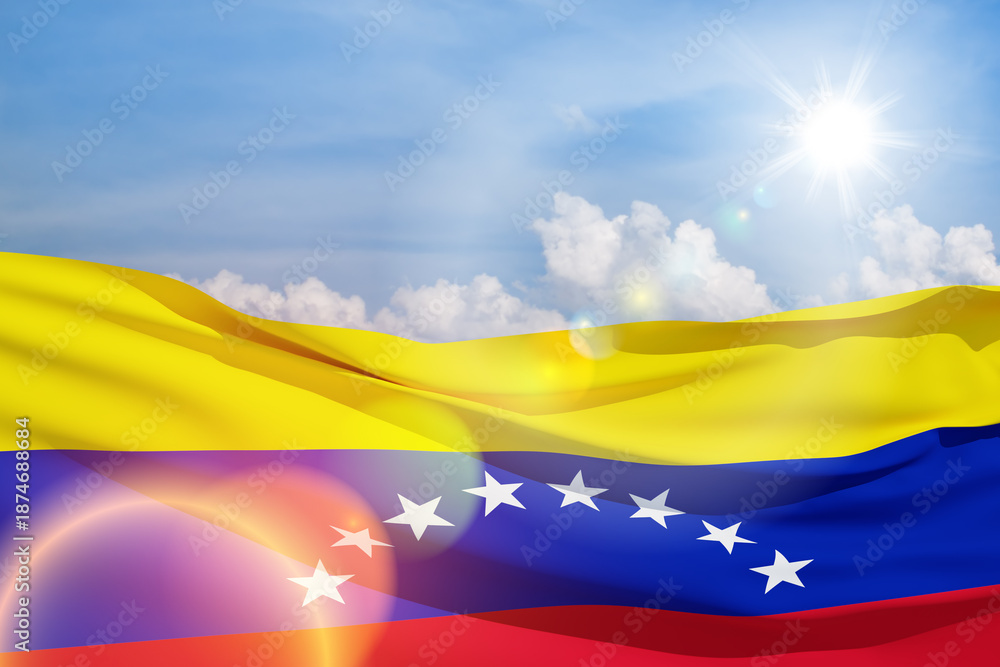 Naklejka premium Venezuela flag on background of blue sky. Patriotic concept. Banner with place for text.