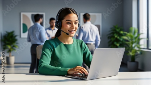 Smiling customer service representative wearing a headset and typing on a laptop in an office