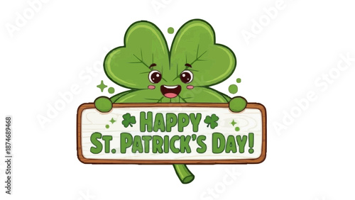 Cute cartoon shamrock with Happy St. Patrick's Day sign
