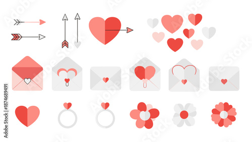 A set of vector icons depicting romantic love and engagement symbols on transparent background