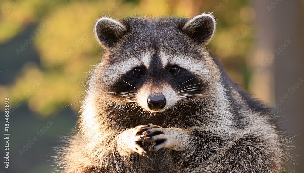 Fototapeta premium close up photo of a raccoon sitting calmly with hands folded thoughtful expression on a soft focus background